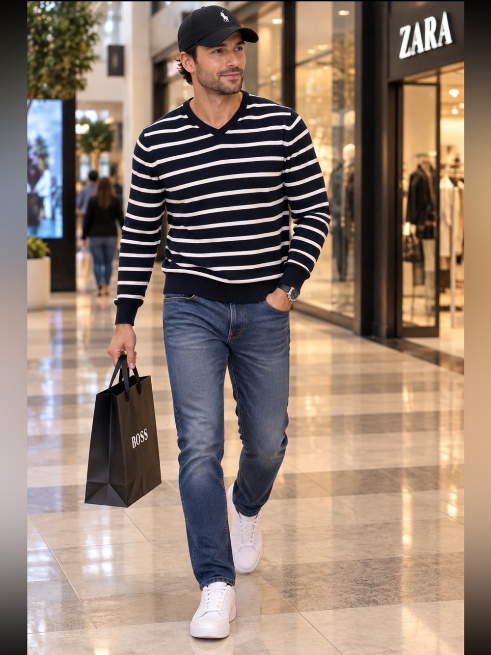 British Khaki Men's Navy & White Striped V-Neck Sweater
